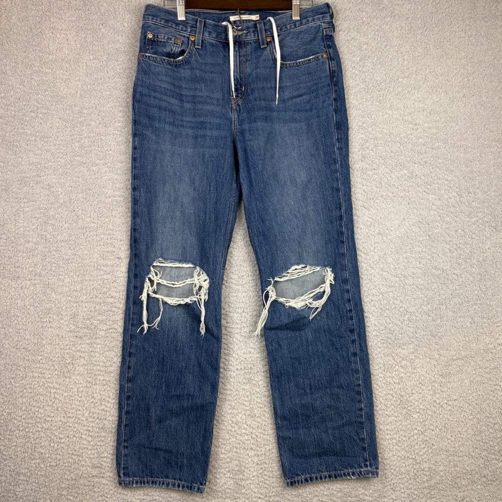 Levis Jeans Women 28x30 Blue Low Pro Straight Distressed Ripped Knee Denim Faded